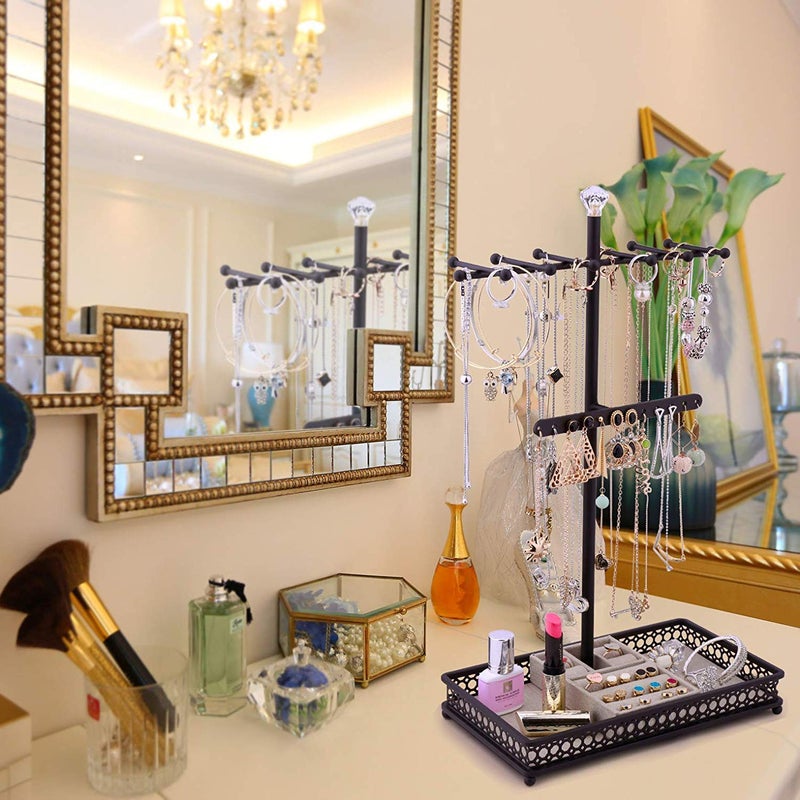 Meangood Jewelry Tree Stand Organizer 3in1 Necklace Organizer Display Bracelet Earrings and Ring Tray Jewelry Holder Hanger Metalï¼ˆBlackï¼‰ - Image 3
